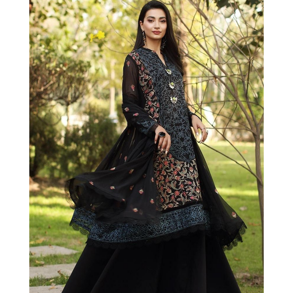 Bareeze CH3818 Black-Embroidered 3pc lawn dress with embroidered chiffon dupatta. Dressiya